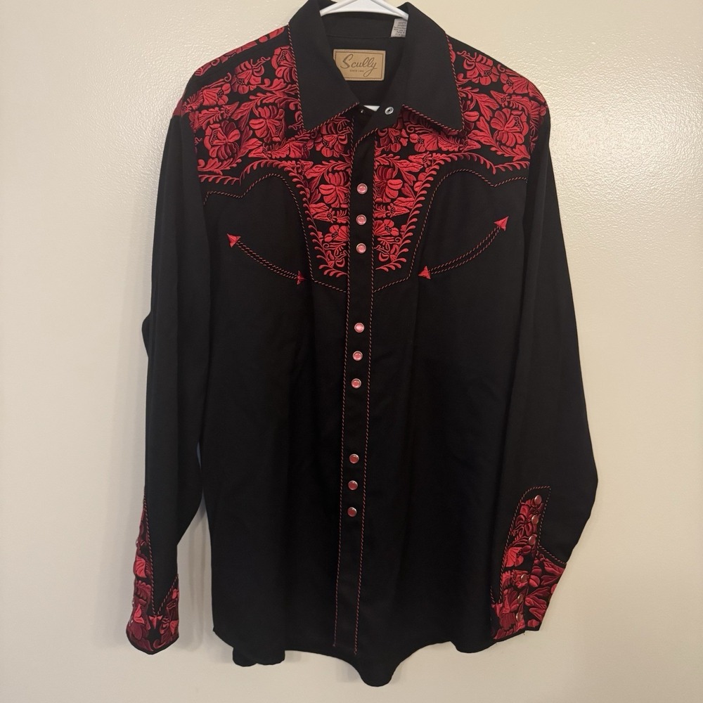 Scully Gunfighter Western Snap Front Shirt Men's L Black/ Red Floral Embroidery
